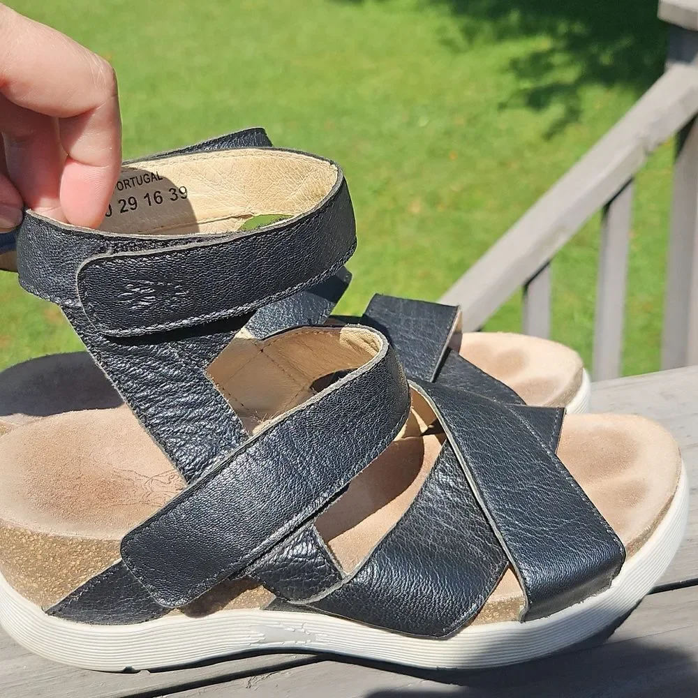 FLY London Black Leather Wedge Sandals Size 39